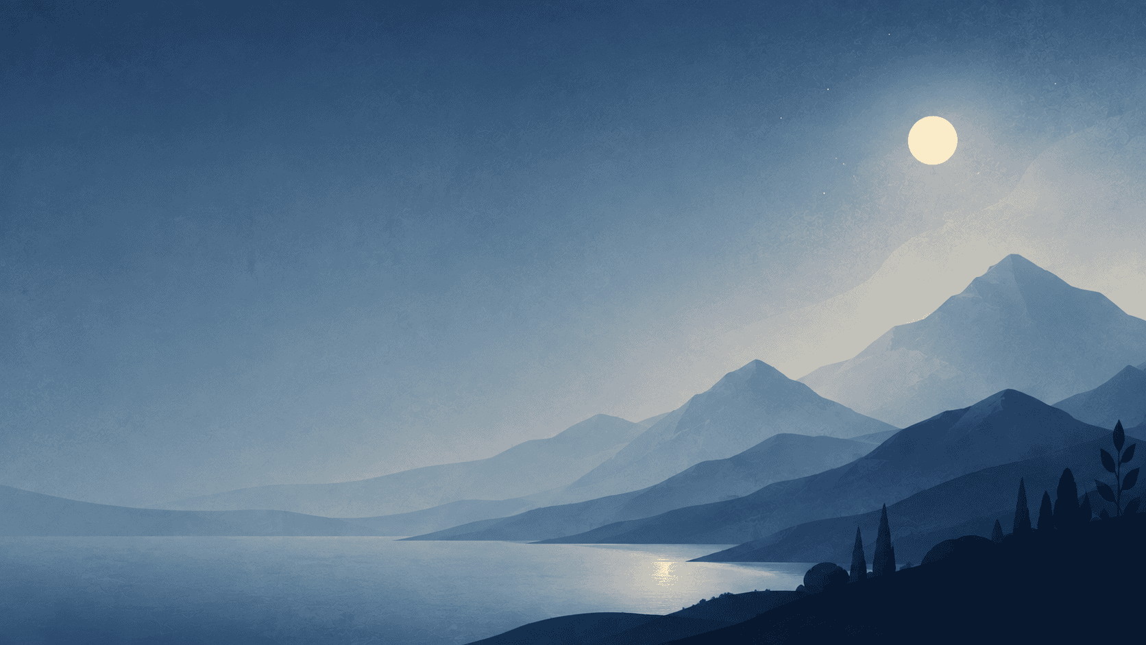 Calm mountain lake under moonlight with surrounding peaks and dark silhouette of trees.