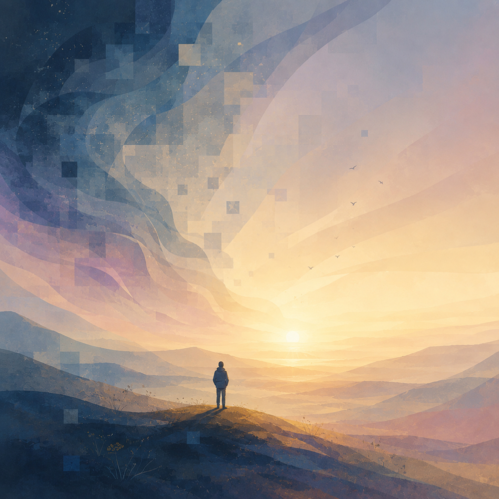 Silhouette of a person standing on a hilltop watching sunset, with fragmented pixelated sky symbolizing fractured memories from PTSD and trauma