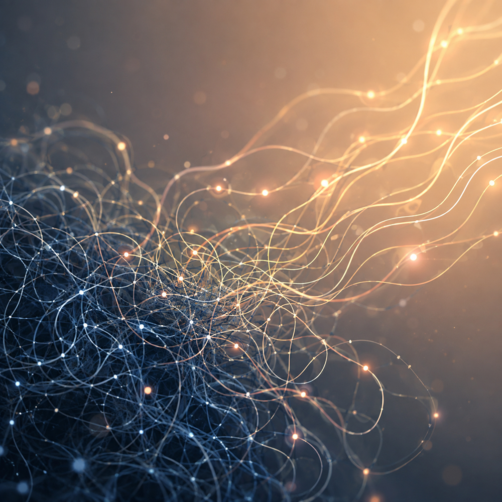 Abstract illustration of tangled dark neural pathways gradually transforming into smooth glowing golden threads, symbolizing the process of healing from PTSD.